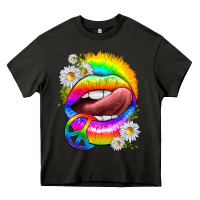 Asphalt rainbow lips with daisies Heavy Core Tee - texasbilliewilder