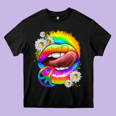 Rainbow Lips With Daisies Heavy Core Tee Designed By Texasbilliewilder