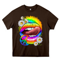 Chocolate Brown rainbow lips with daisies Heavy Core Tee - texasbilliewilder