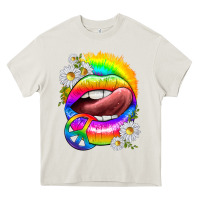 Cream rainbow lips with daisies Heavy Core Tee - texasbilliewilder