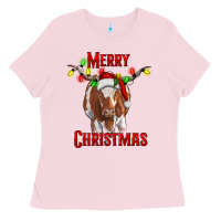 Bubblegum Pink Merry Christmas Longhorn Cow Ladies Tee - RanaPortraitStore
