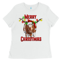 White Merry Christmas Longhorn Cow Ladies Tee - RanaPortraitStore