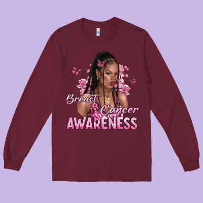 Breast Cancer Awareness Afro Woman Long Sleeve Tee Designed By Nancycooperartshop