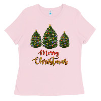 Bubblegum Pink merry christmas trees Ladies Tee - RanaPortraitStore