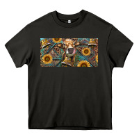 Asphalt Cow With Aztec Leopard And Sunflower Heavy Core Tee - RanaPortraitStore