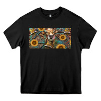 Black Cow With Aztec Leopard And Sunflower Heavy Core Tee - RanaPortraitStore
