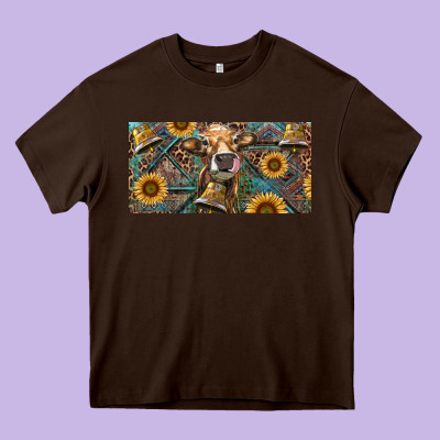 Heavy Core Tee Cow With Aztec Leopard And Sunflower