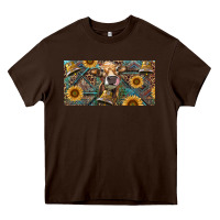 Chocolate Brown Cow With Aztec Leopard And Sunflower Heavy Core Tee - RanaPortraitStore