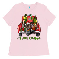 Bubblegum Pink Merry Christmas Farm Truck With Baby Cow Ladies Tee - RanaPortraitStore