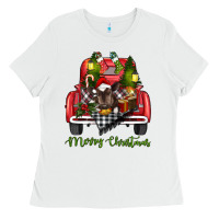 White Merry Christmas Farm Truck With Baby Cow Ladies Tee - RanaPortraitStore