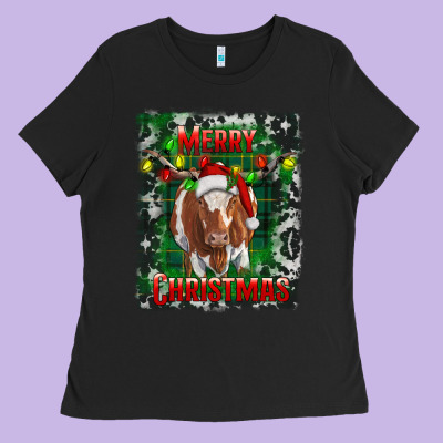 Ladies Tee Western Merry Christmas Longhorn Cow