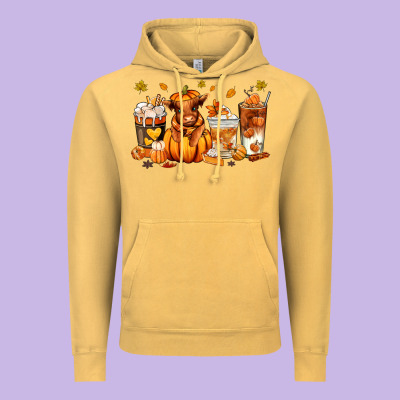 Fall Autumn Cow Pumpkin Coffee Cups Vintage Hoodie Designed By Ranaportraitstore