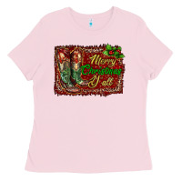 Bubblegum Pink Merry Christmas Y'all Boots Ladies Tee - RanaPortraitStore