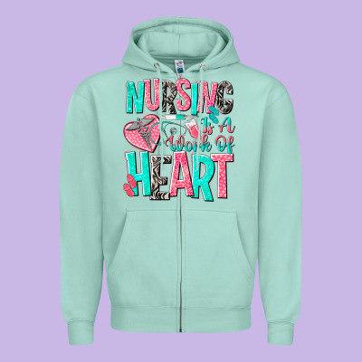 Nursing Is A Work Of Heart Zipper Hoodie Designed By Nancycooperartshop