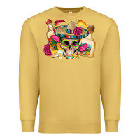 Antique Gold mexican skull sombrero tequila bottle paper roses Premium Sweatshirt - Artiststas