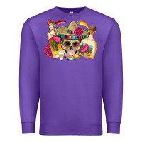 Purple mexican skull sombrero tequila bottle paper roses Premium Sweatshirt - Artiststas