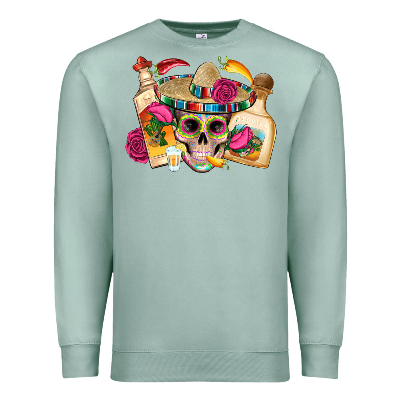 Mexican Skull Sombrero Tequila Bottle Paper Roses Premium Sweatshirt by Artiststas | Teevron