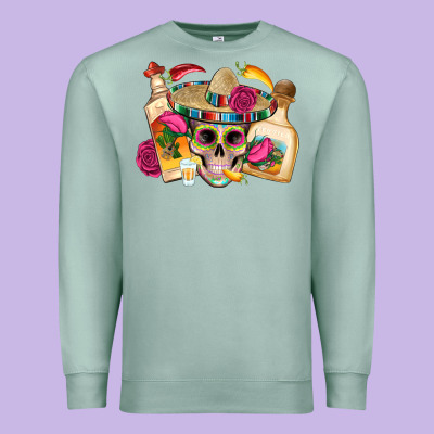 Mexican Skull Sombrero Tequila Bottle Paper Roses Premium Sweatshirt Designed By Artiststas
