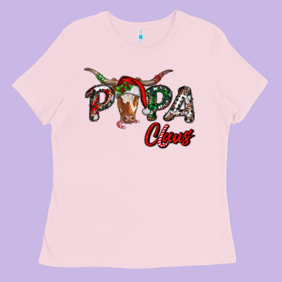 Ladies Tee Papa Claus With Long Horn Western Christmas