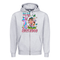 Heather Grey my 1 st birthday with little cute cow Zipper Hoodie - NancyCooperArtShop