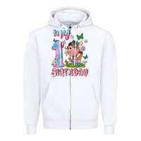 White my 1 st birthday with little cute cow Zipper Hoodie - NancyCooperArtShop