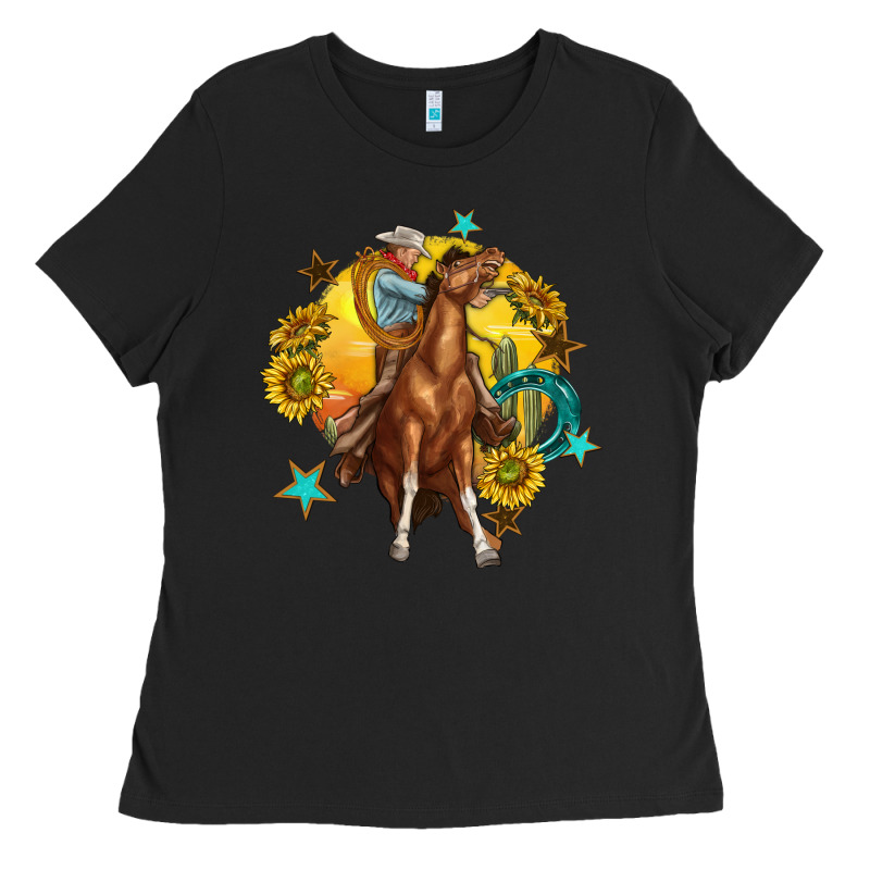 Bucking Horse With Cowboy And Sunflower Ladies Tee by texasbilliewilder | Teevron