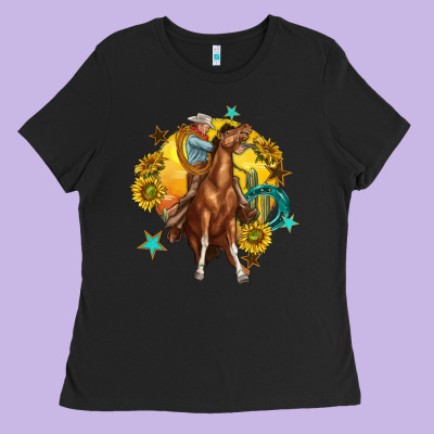 Ladies Tee bucking horse with cowboy and sunflower