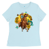 Baby Blue bucking horse with cowboy and sunflower Ladies Tee - texasbilliewilder