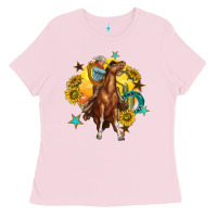 Bubblegum Pink bucking horse with cowboy and sunflower Ladies Tee - texasbilliewilder