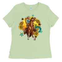 Matcha bucking horse with cowboy and sunflower Ladies Tee - texasbilliewilder