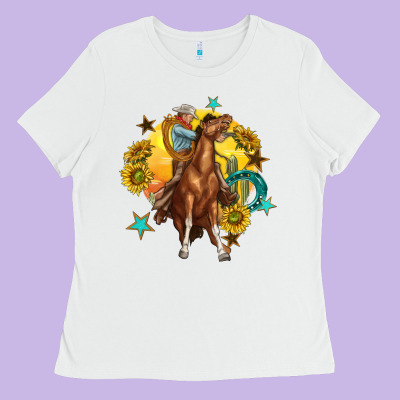 Ladies Tee bucking horse with cowboy and sunflower