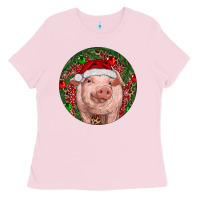Bubblegum Pink Pig Christmas Ladies Tee - RanaPortraitStore