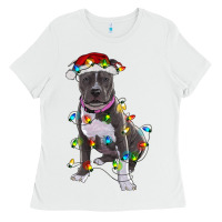 White Pitbull With Christmas Lights Ladies Tee - RanaPortraitStore