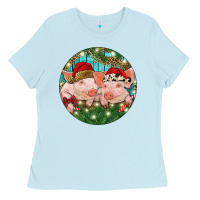 Baby Blue Christmas Pigs Ladies Tee - RanaPortraitStore