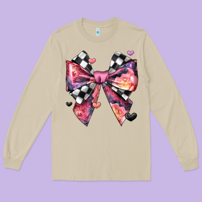 Coquette Bow Floral Checkered Pattern Long Sleeve Tee Designed By Jahusdesignshop