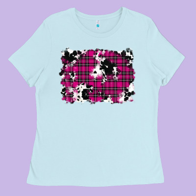 Ladies Tee Pink Christmas Plaid Cowhide Pattern Background