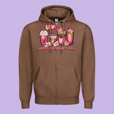 Happy Valentine's Day Coffee Cups Zipper Hoodie Designed By Maliassmallbusiness