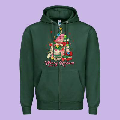 Merry Bookmas Christmas Book Tree Zipper Hoodie Designed By Maliassmallbusiness