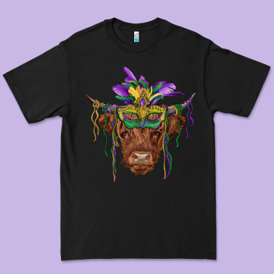 Mardi Gras Mask Highland Cow Premium Tee Designed By Ranaportraitstore