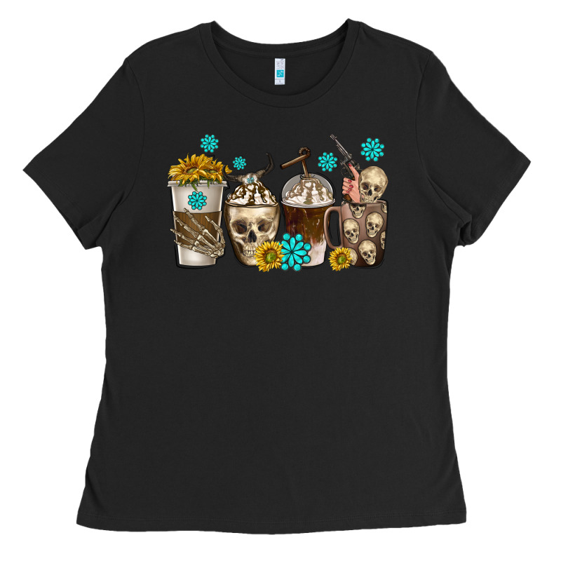 Coffee Cups Bull Skull With Gemstones Ladies Tee by texasbilliewilder | Teevron