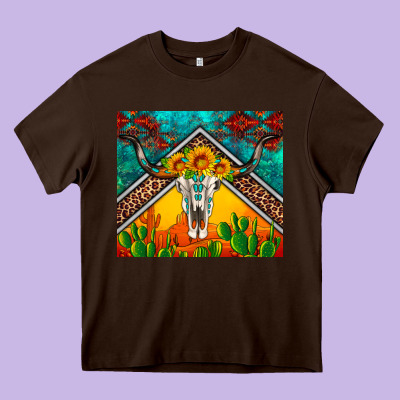 Western Sunflowers Longhorn Bull Skull Heavy Core Tee Designed By Artiststas