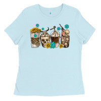 Baby Blue coffee cups bull skull with gemstones Ladies Tee - texasbilliewilder