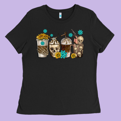 Ladies Tee coffee cups bull skull with gemstones