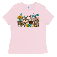 Bubblegum Pink coffee cups bull skull with gemstones Ladies Tee - texasbilliewilder