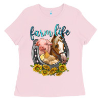 Bubblegum Pink chicken pig horse farm life Ladies Tee - texasbilliewilder