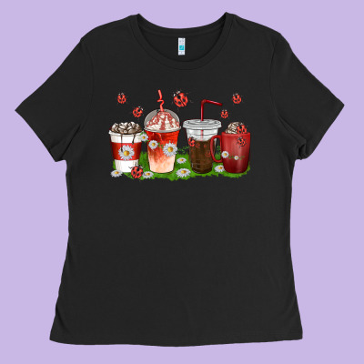 Ladies Tee coffee cups lady bug with daisies