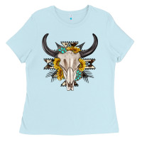 Baby Blue cow aztec western bull skull Ladies Tee - texasbilliewilder