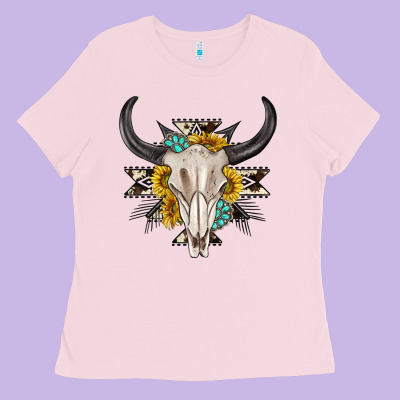 Ladies Tee cow aztec western bull skull