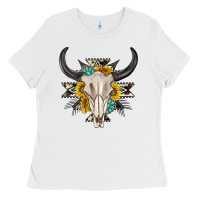 White cow aztec western bull skull Ladies Tee - texasbilliewilder