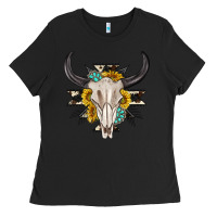 Black cow aztec western bull skull Ladies Tee - texasbilliewilder